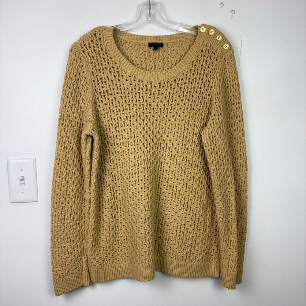 Talbots Neutral Cozy Knit Crewneck Sweater Button-Shoulder Textured Pullover - Picture 3 of 9